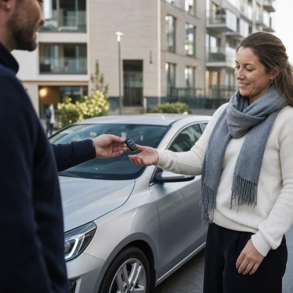 Person lämnar över bilnycklar utanför ett bostadshus en lugn vardagsmorgon