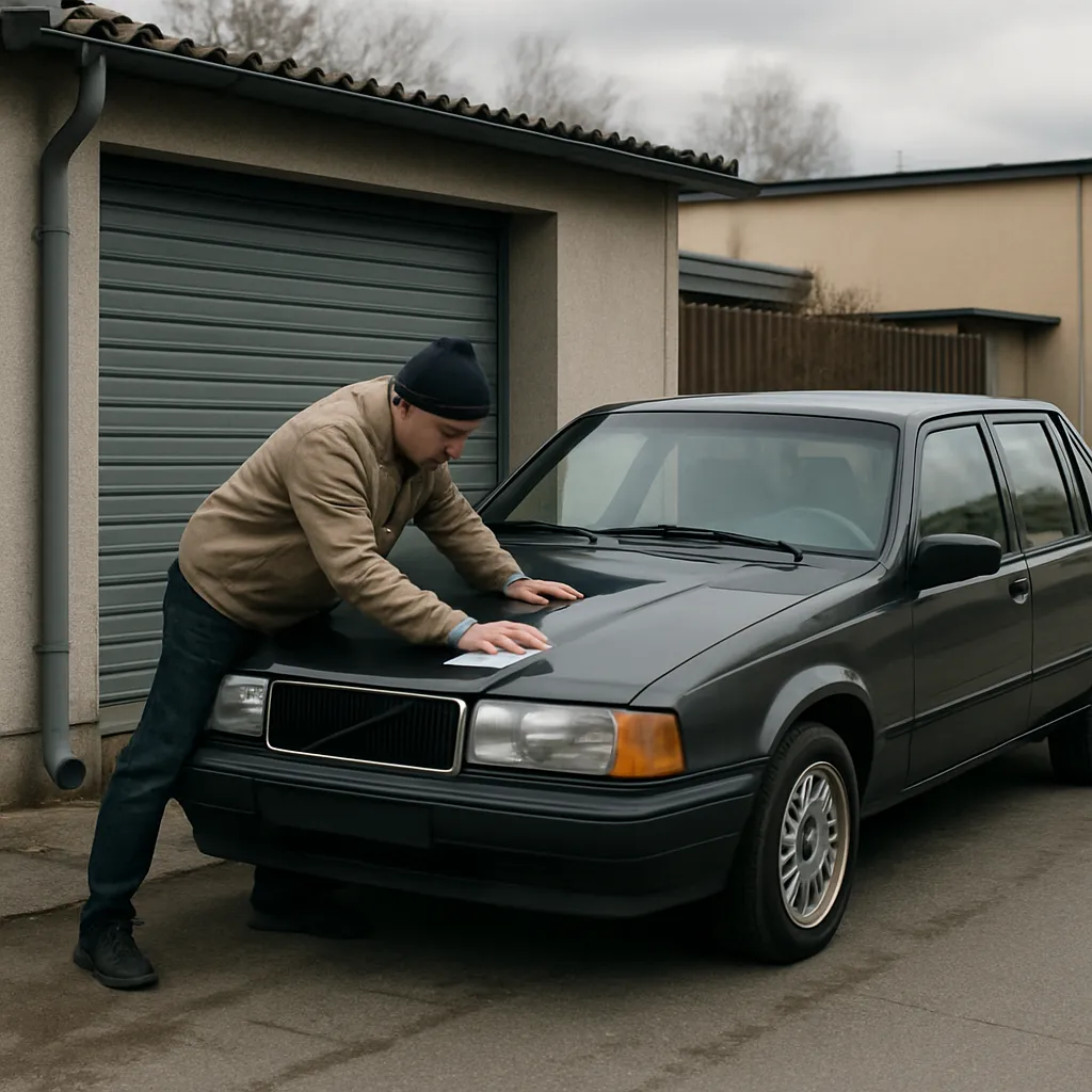 Person polerar motorhuven på en välhållen äldre sedan framför ett garage