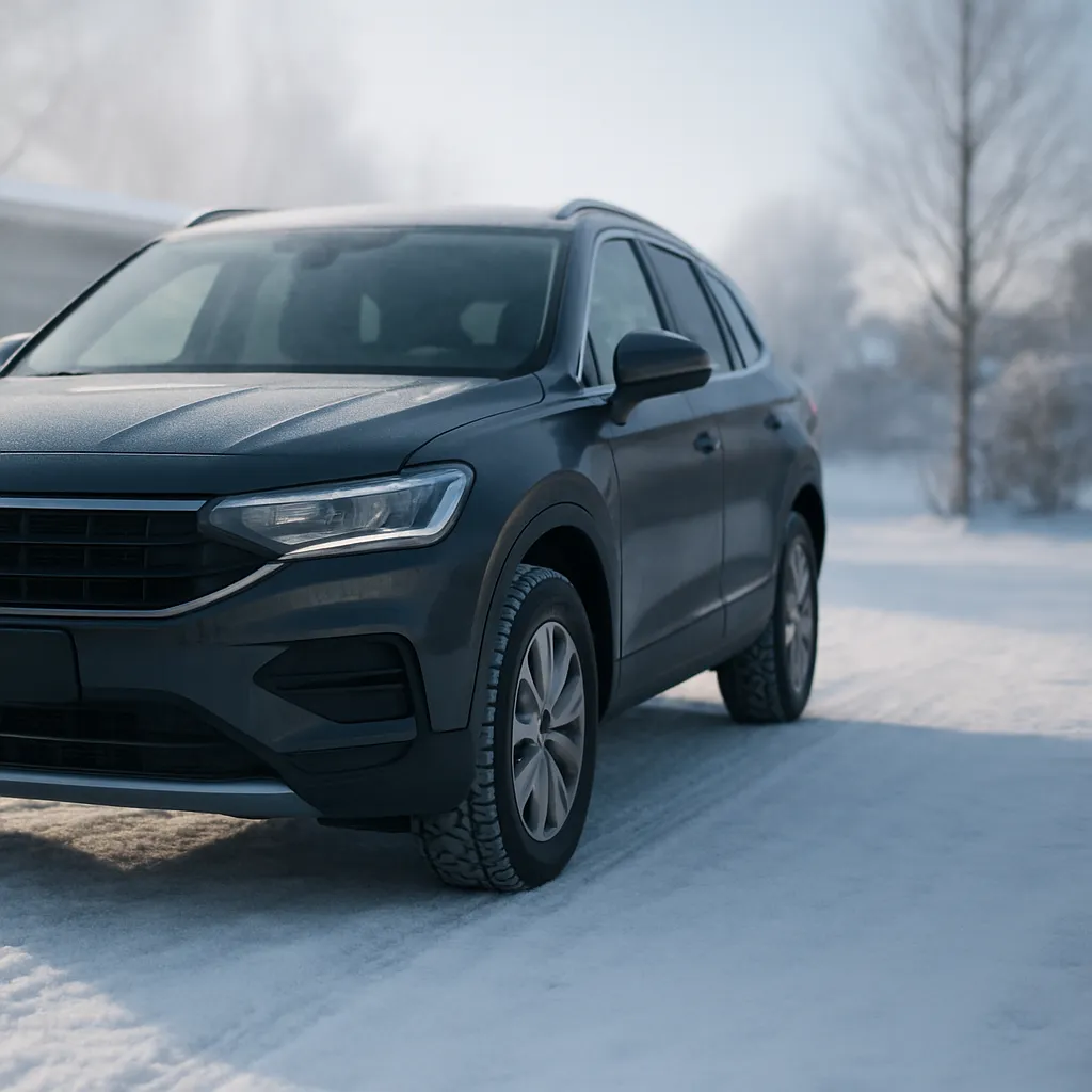 En bil med vinterdäck står parkerad på en snöig uppfart i klart vinterljus