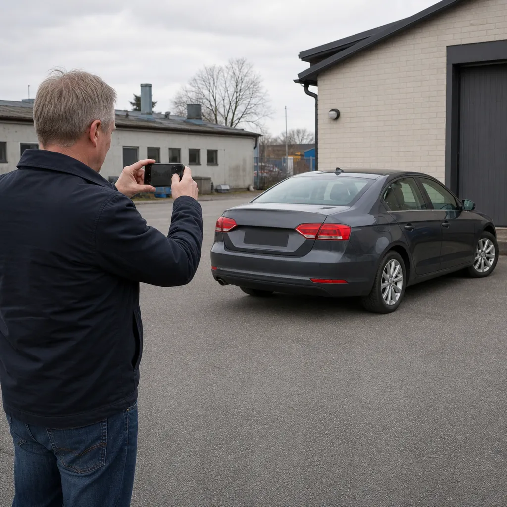 En man fotograferar sin sedan med mobilen på en gårdsplan vid låga industribyggnader