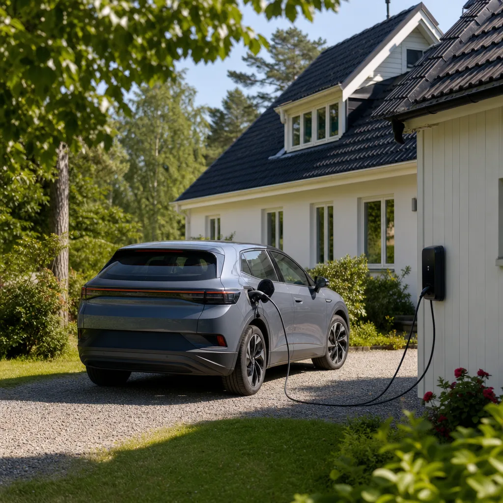 Elbil på uppfarten med laddkabel ansluten, svensk villa i bakgrunden