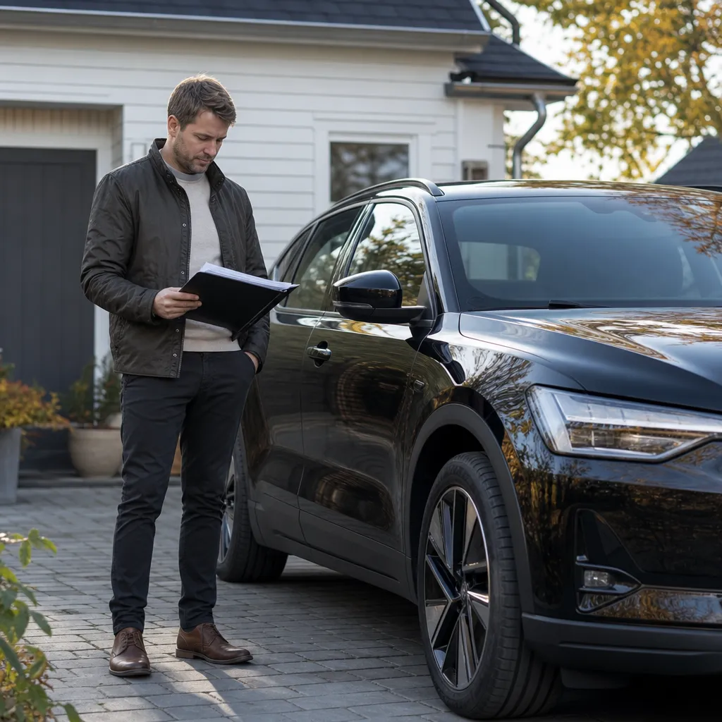 Bilägare med dokumentmapp vid en bil på uppfarten funderar på att köpa ut leasingbilen