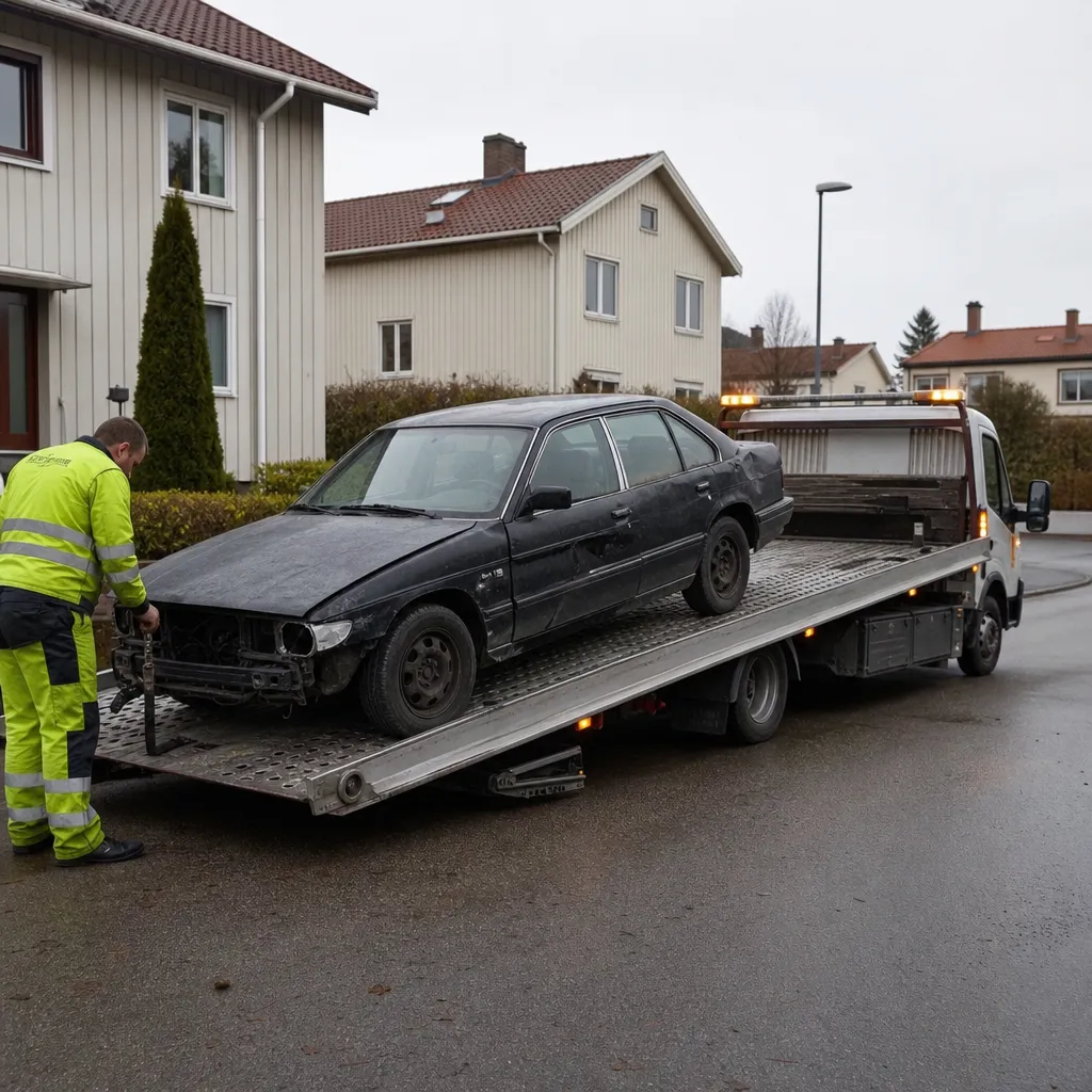 Bärgningsbil lastar en trasig bil som inte är körbar på en bostadsgata