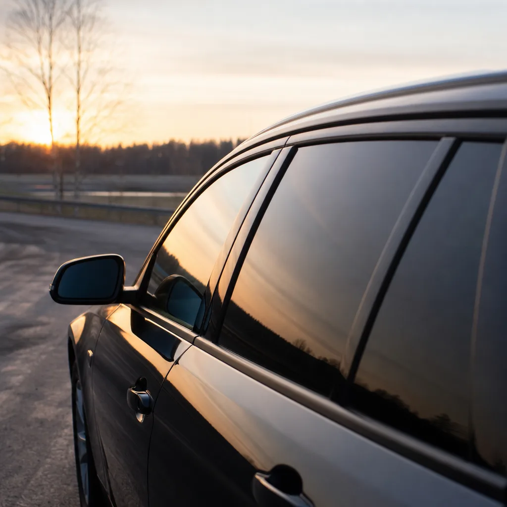 Bil med tonade sidorutor parkerad i solsken