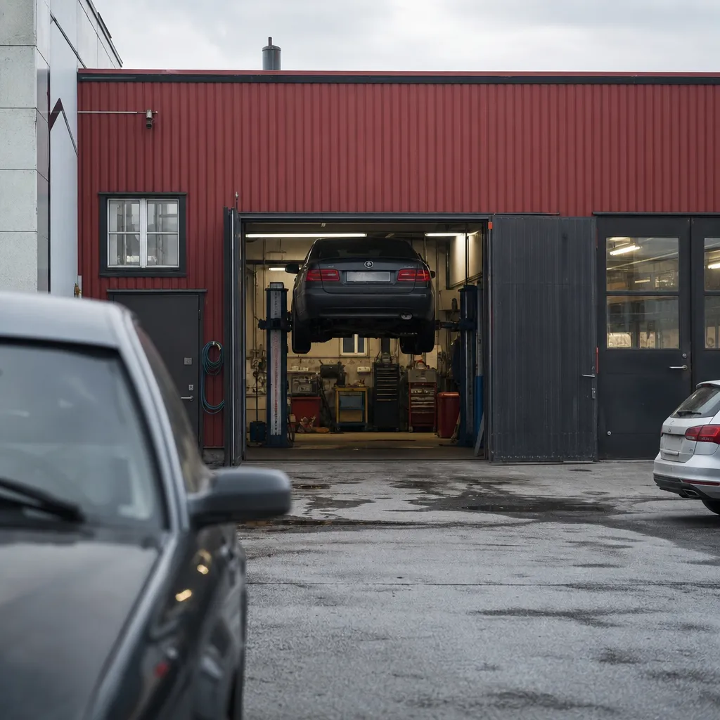 Fristående bilverkstad med öppen garageport och en bil på lyft inne i lokalen