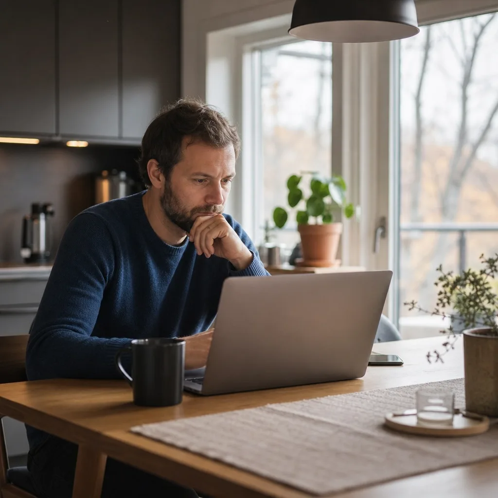 Person värderar sin bil digitalt på en laptop hemma