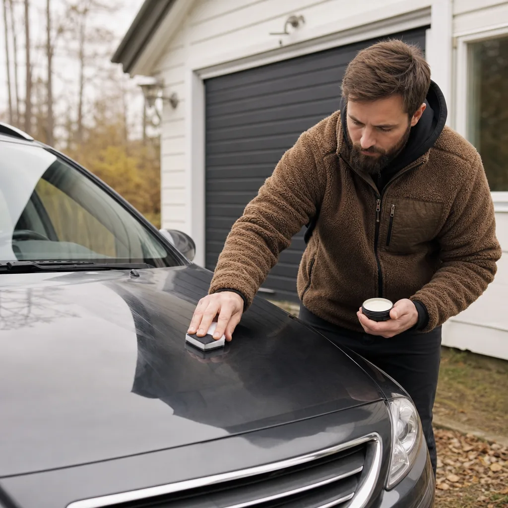 Man applicerar bilvax på motorhuven med applikatorsvamp