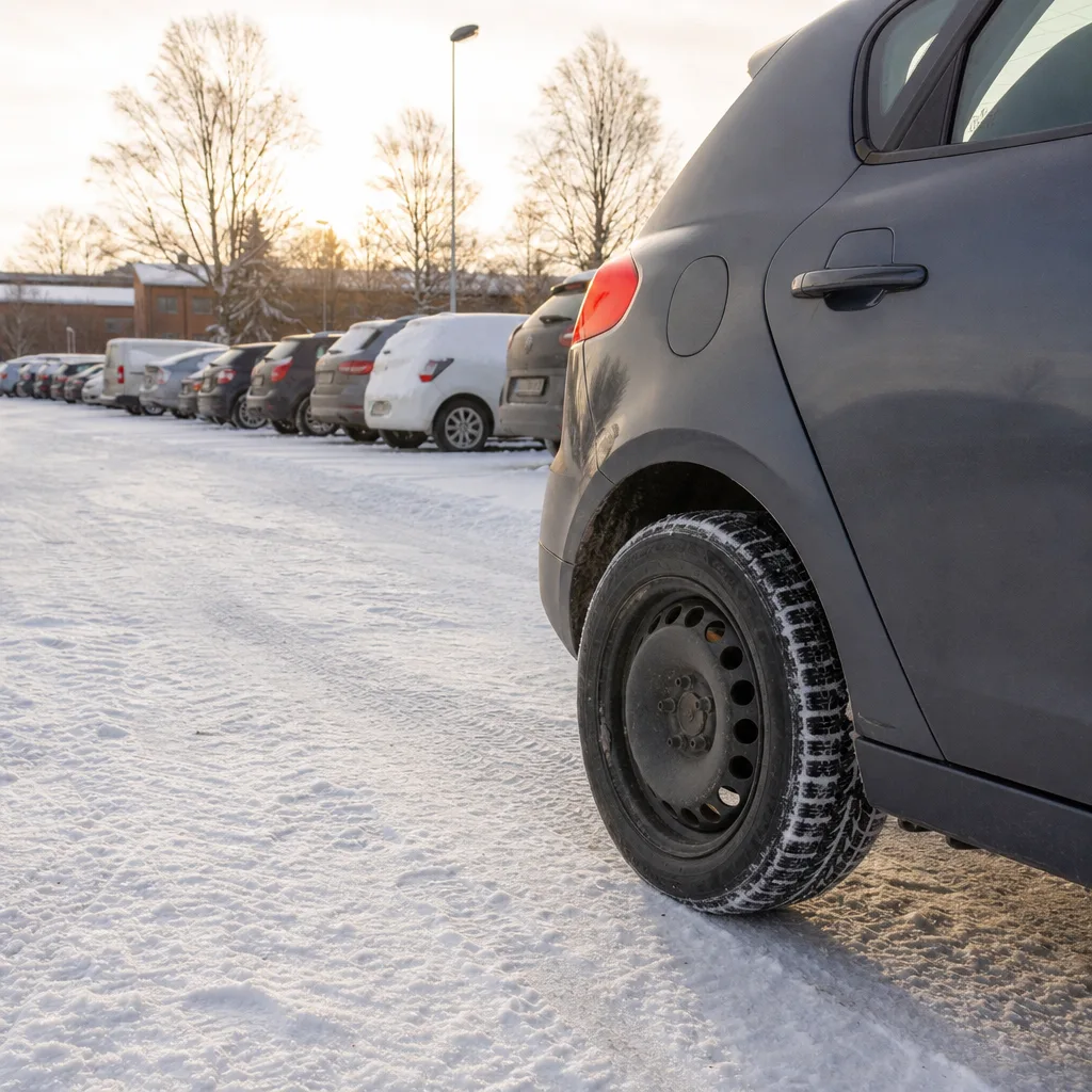 Vinterdäck monterade på en bil på snöig parkeringsplats i Sverige