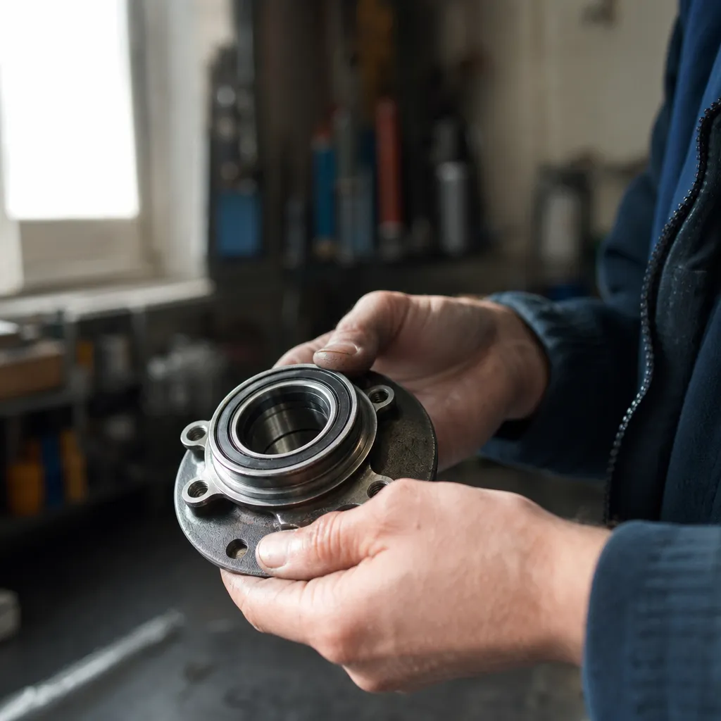 Närbild på händer som håller en bildel i ett hemmagarage