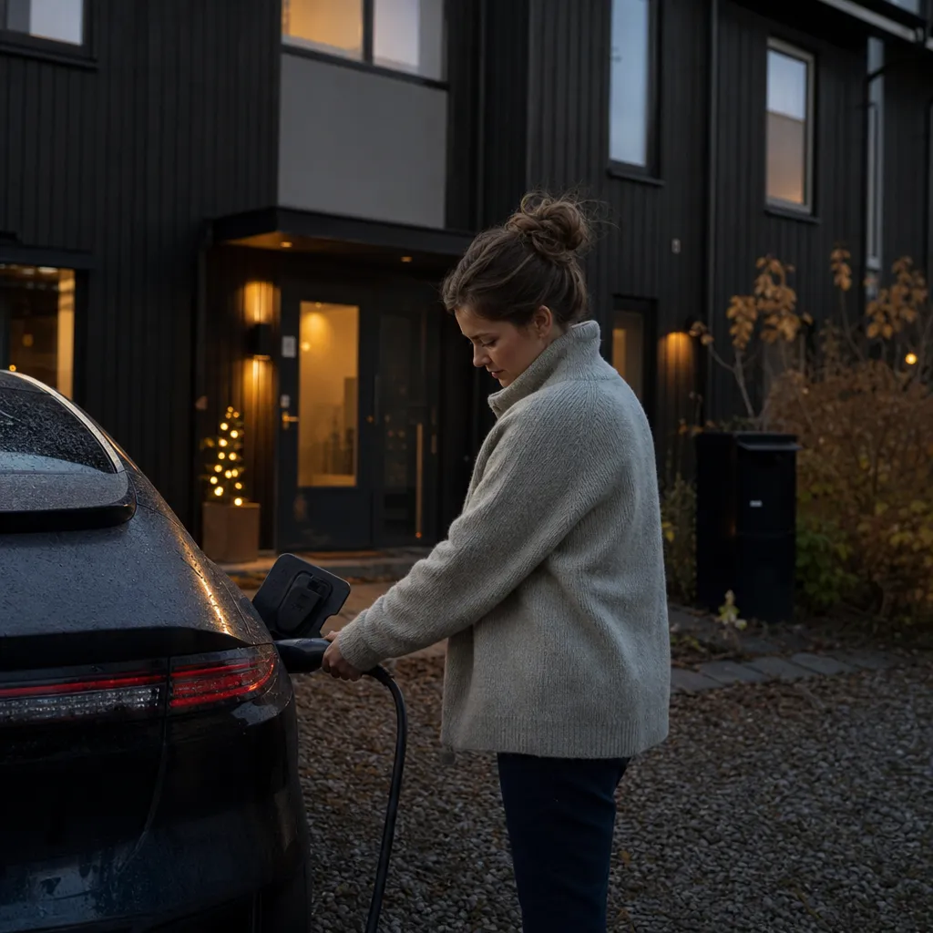 En laddkabel ansluten till en elbil utanför ett radhus i kvällsljus