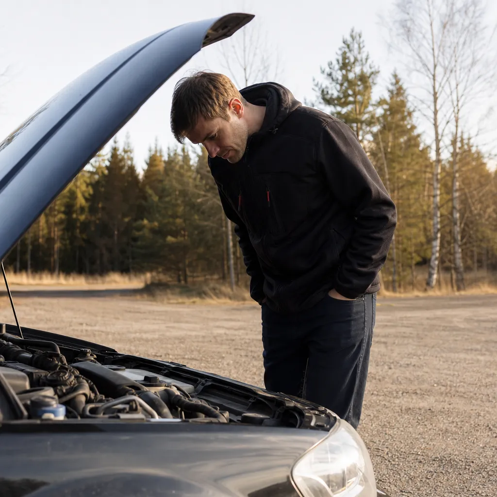 En person inspekterar motorrummet på en begagnad bil på en grusplan inför ett köp