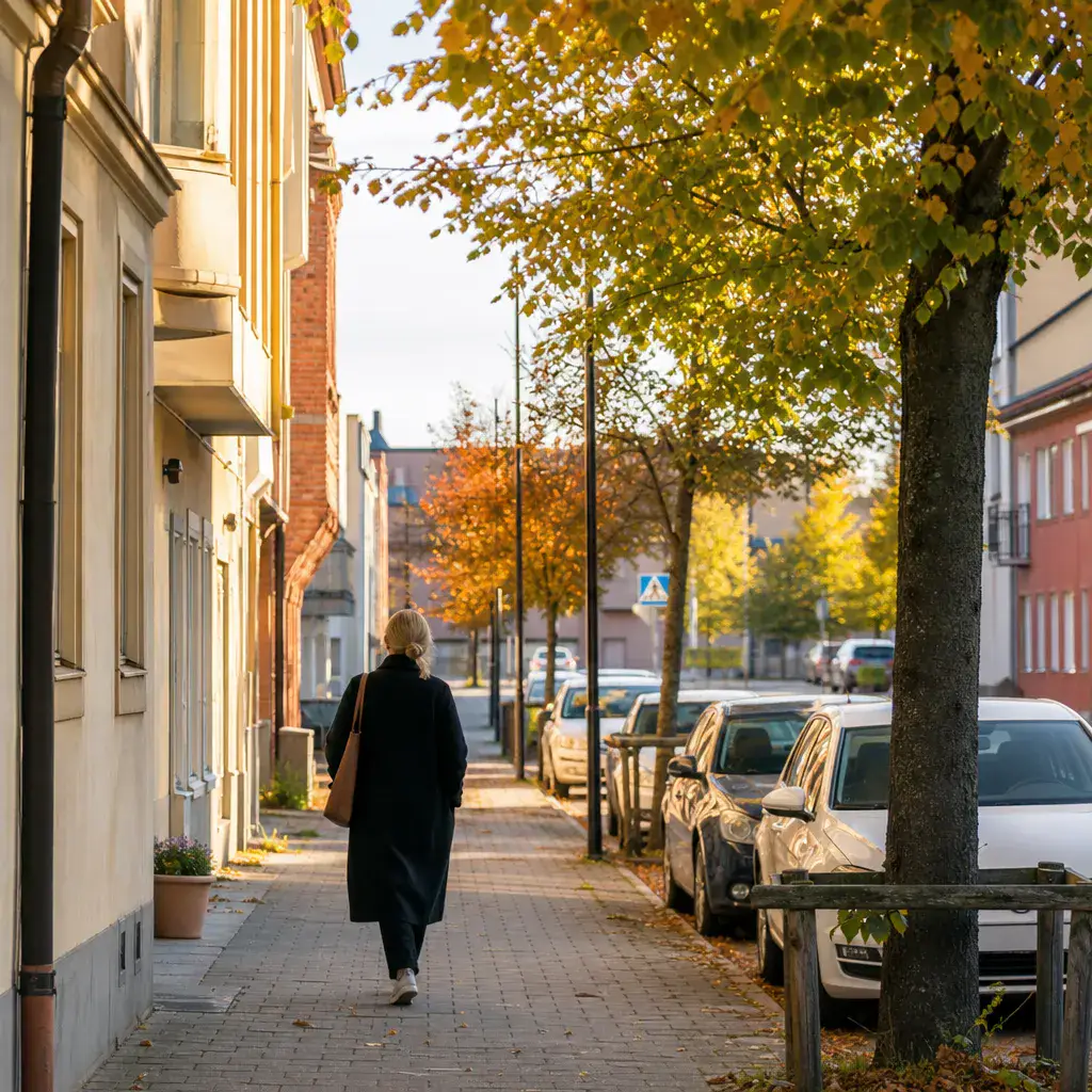 En svensk småstadsgata med parkerade bilar i lugn vardagsmiljö
