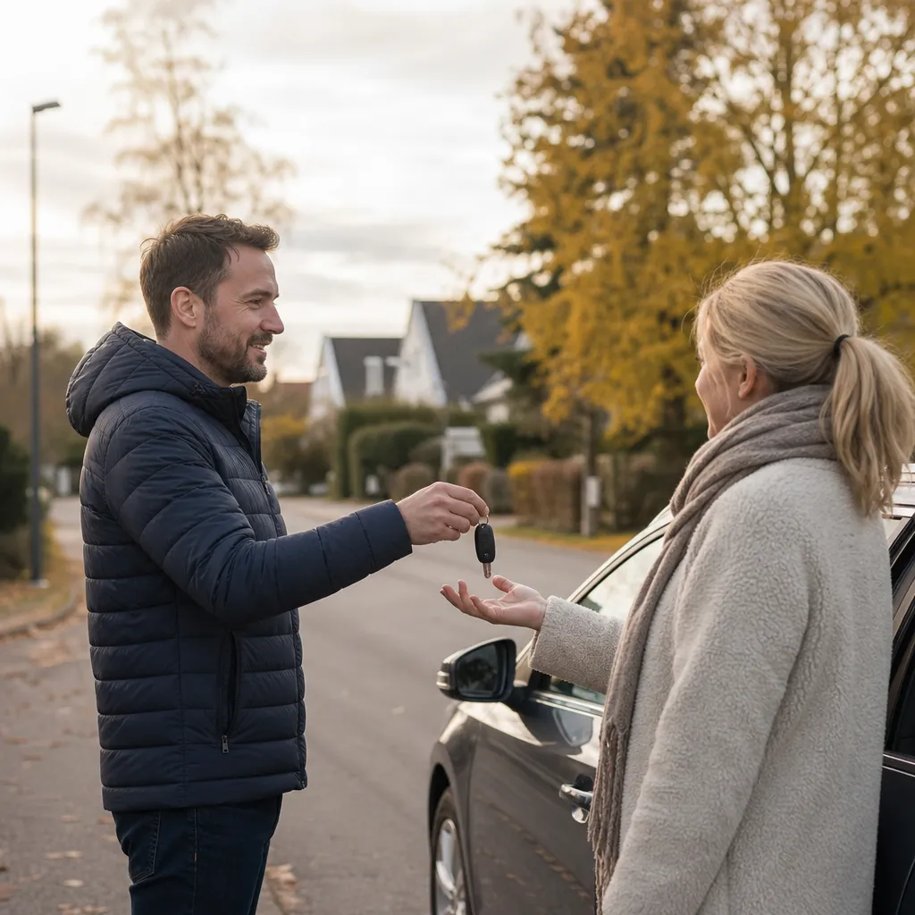 En person lämnar över bilnycklar utanför ett villaområde i höstljus vid en bilförsäljning